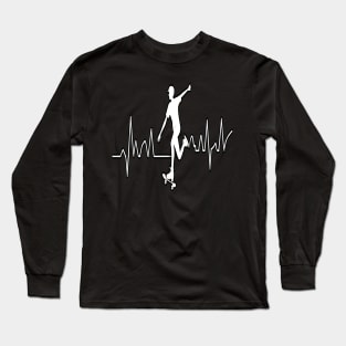 Roller Skate line drawing and heartbeat in white for skaters and roller derby fans Long Sleeve T-Shirt